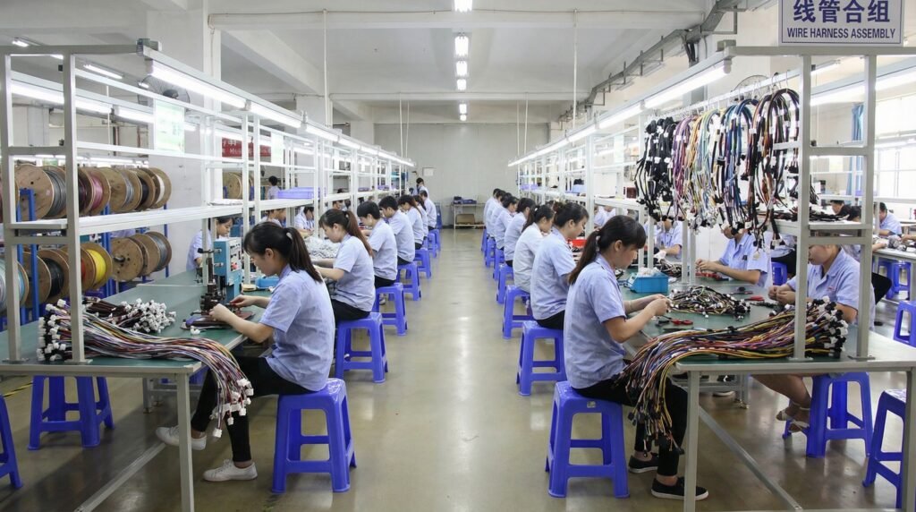 A professional automotive wiring harness manufacturer assembling a complex OEM project.