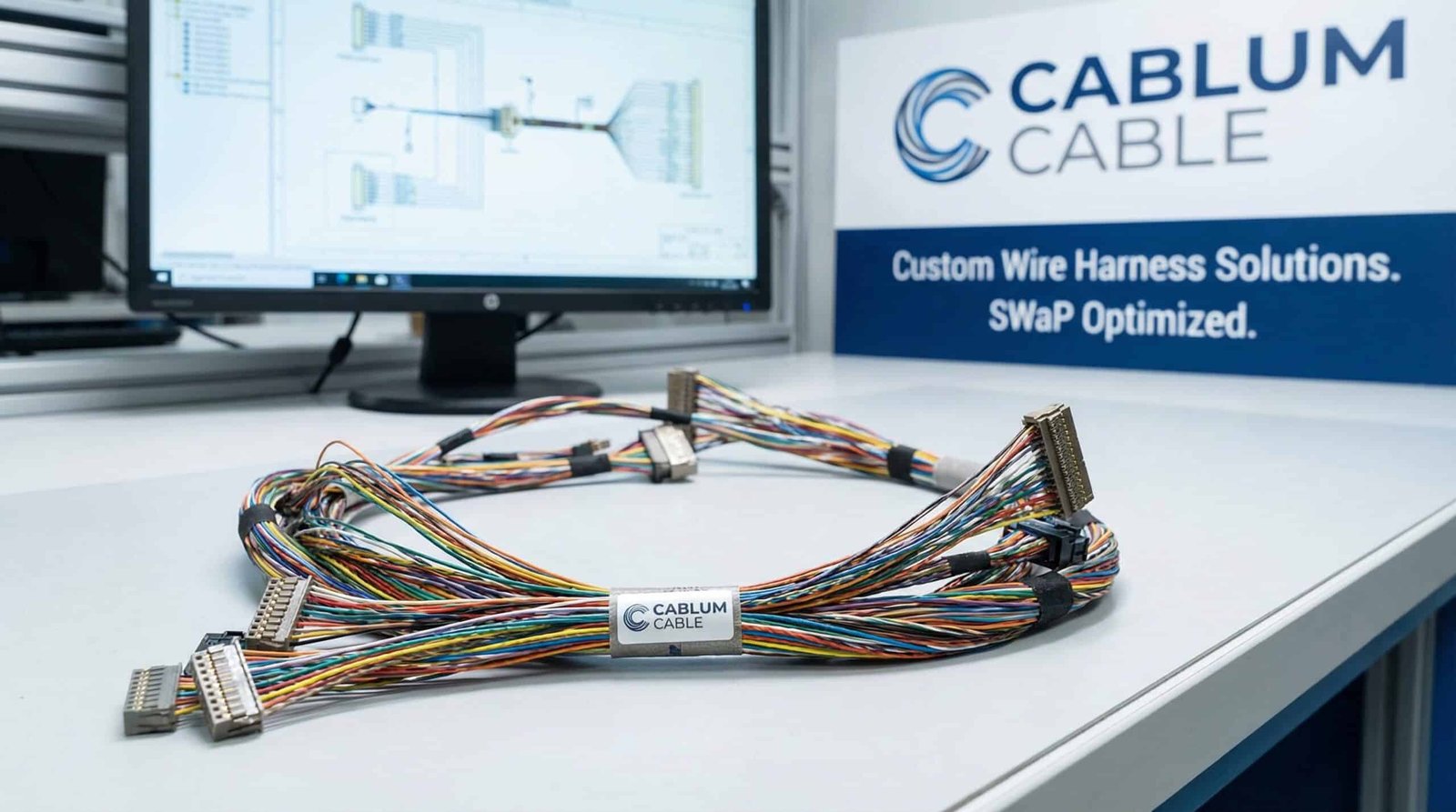 Technician assembling aerospace harness in cleanroom