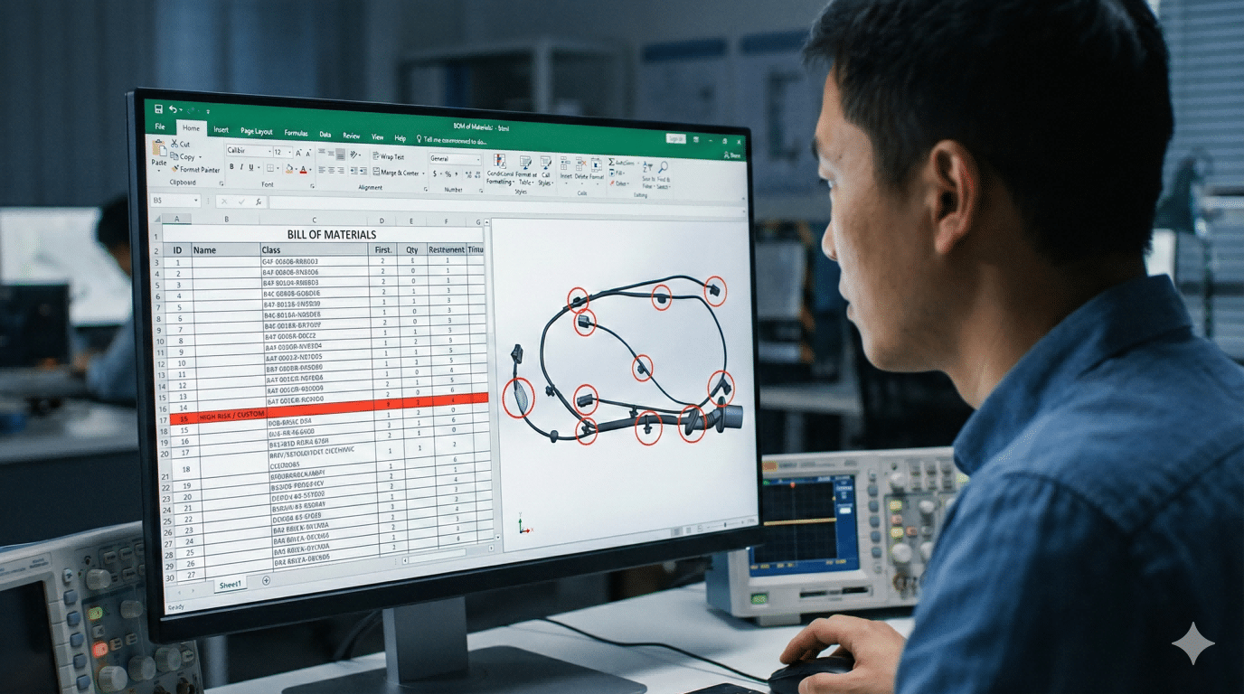 Engineers reviewing cable assembly drawings