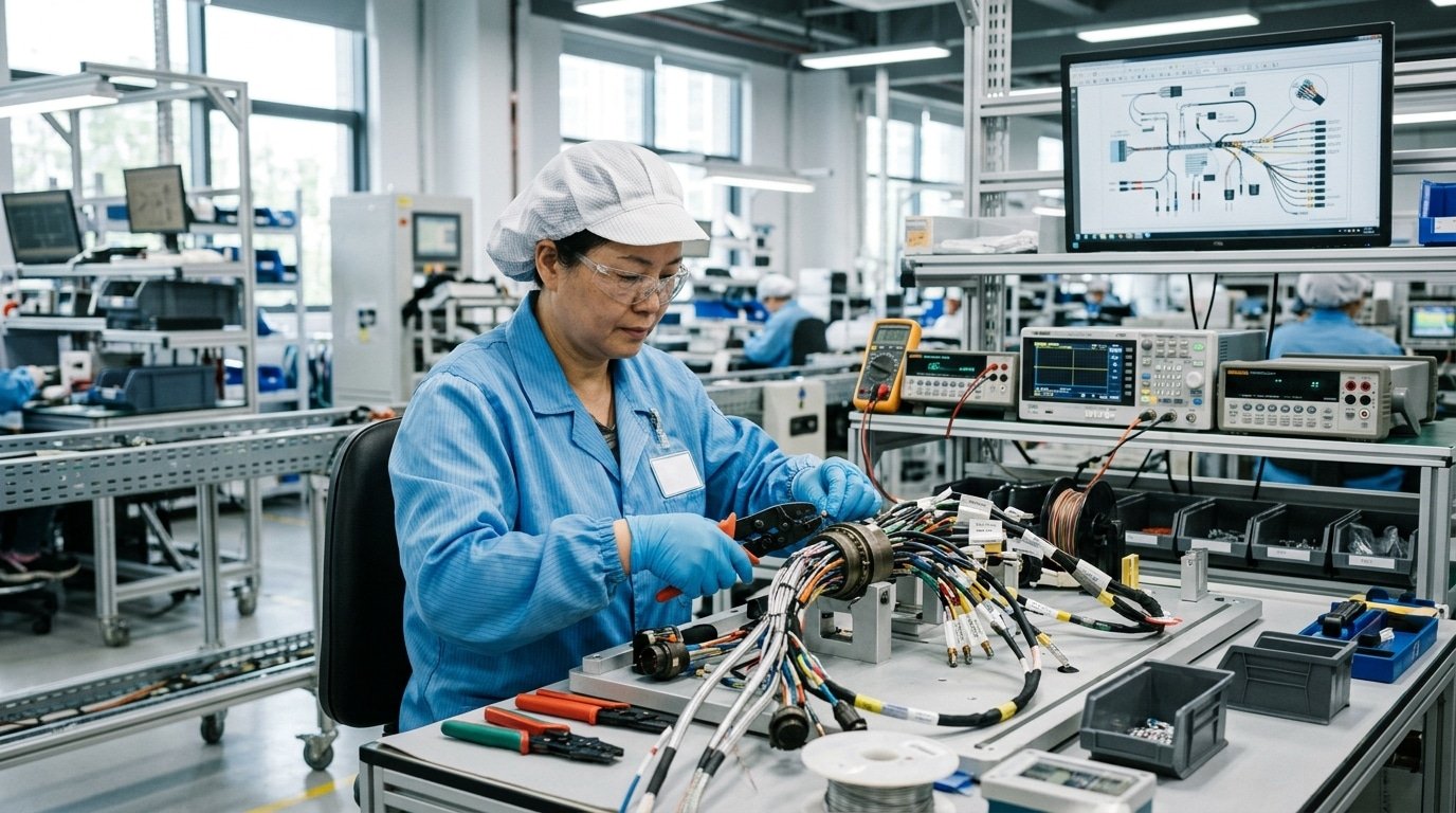Chinese technician assembling an automotive test harness