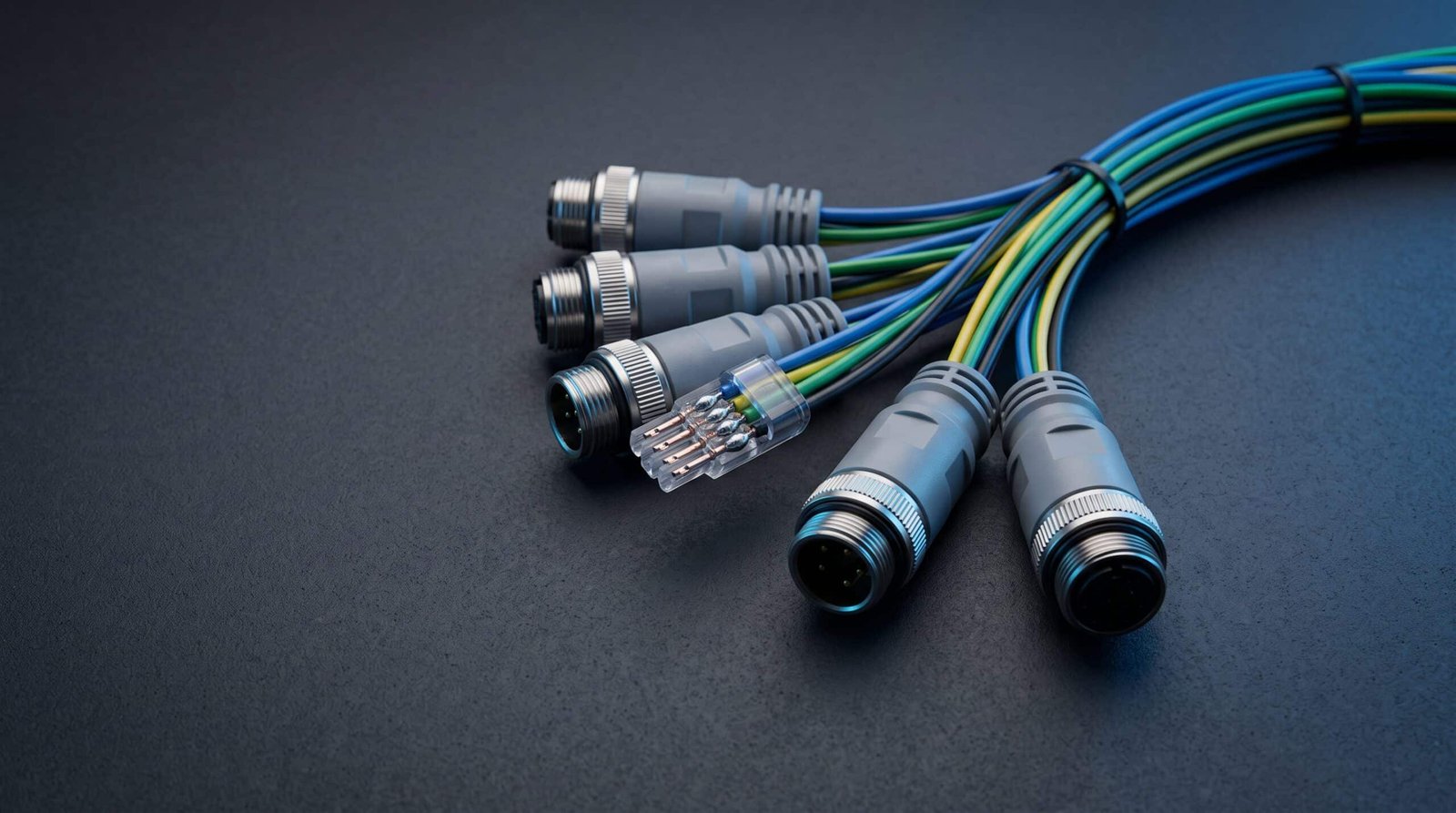 Custom cable assembly with multicolor wires and circular connectors