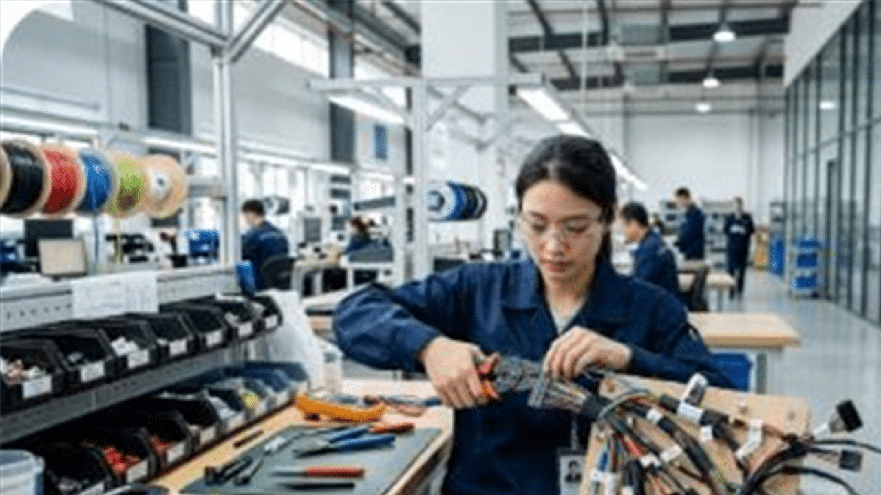 Chinese technician assembling a low-volume custom multi-branch wire harness in a modern Shenzhen factory
