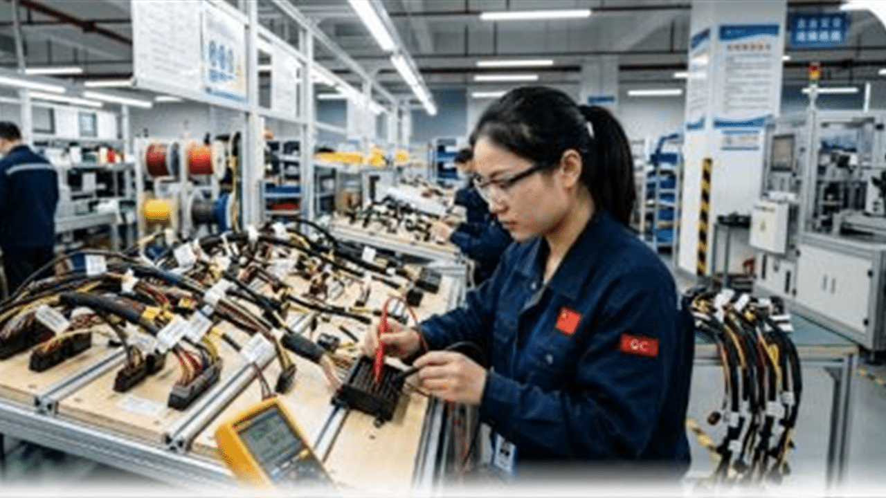 Chinese technician performing electrical testing and quality inspection on a custom wire harness