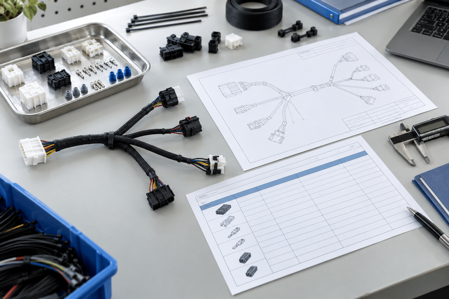 Illustration of a cable harness sample reviewed alongside a drawing, component list and measurement tool