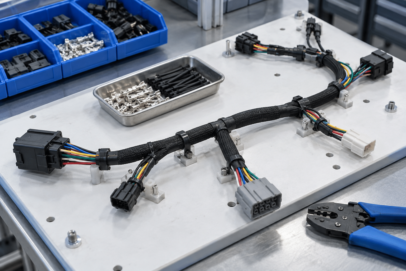 Illustration of a branching cable harness on an assembly fixture with connectors and wire preparation tools