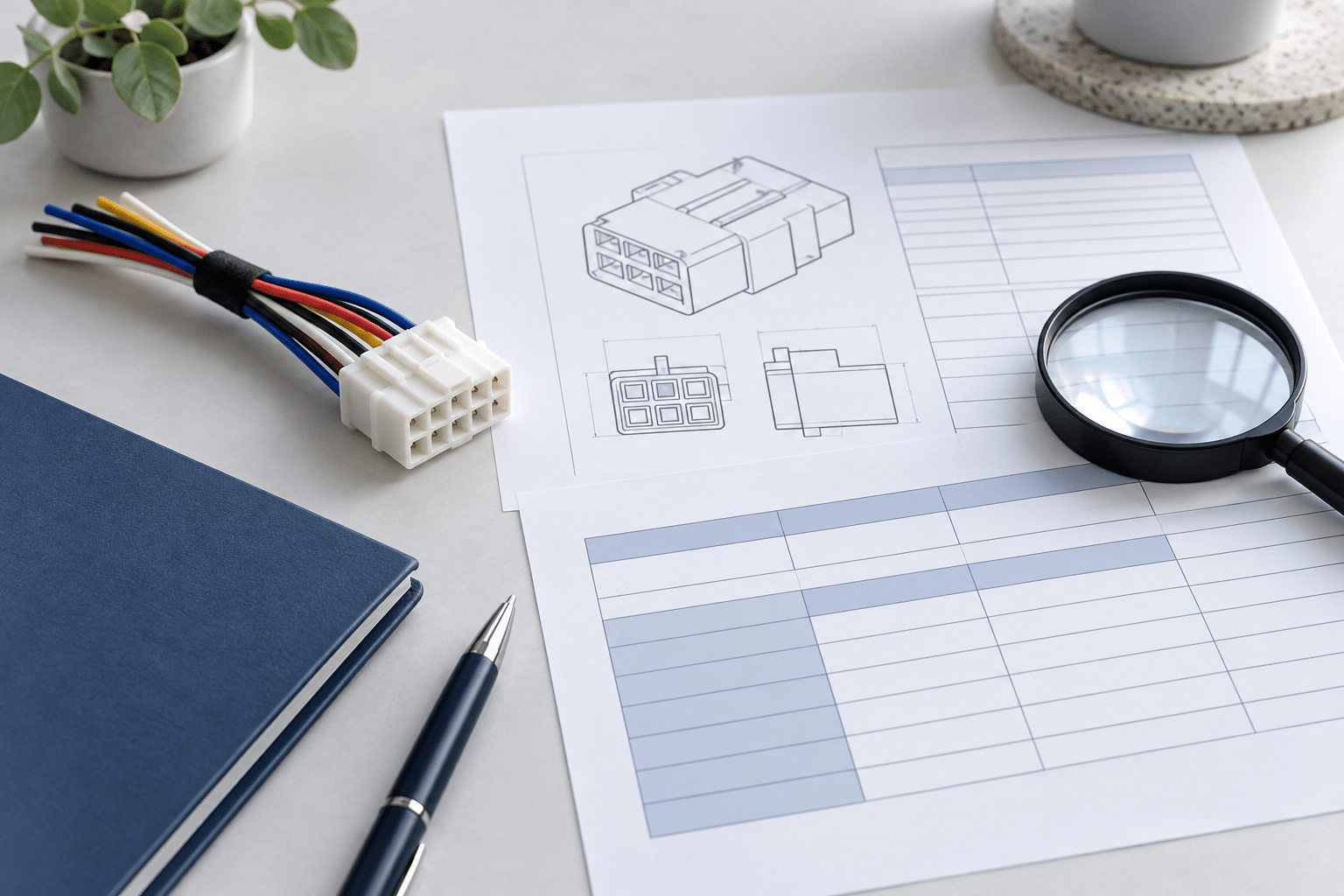 AI illustration of a connector sample and specification sheets for component review