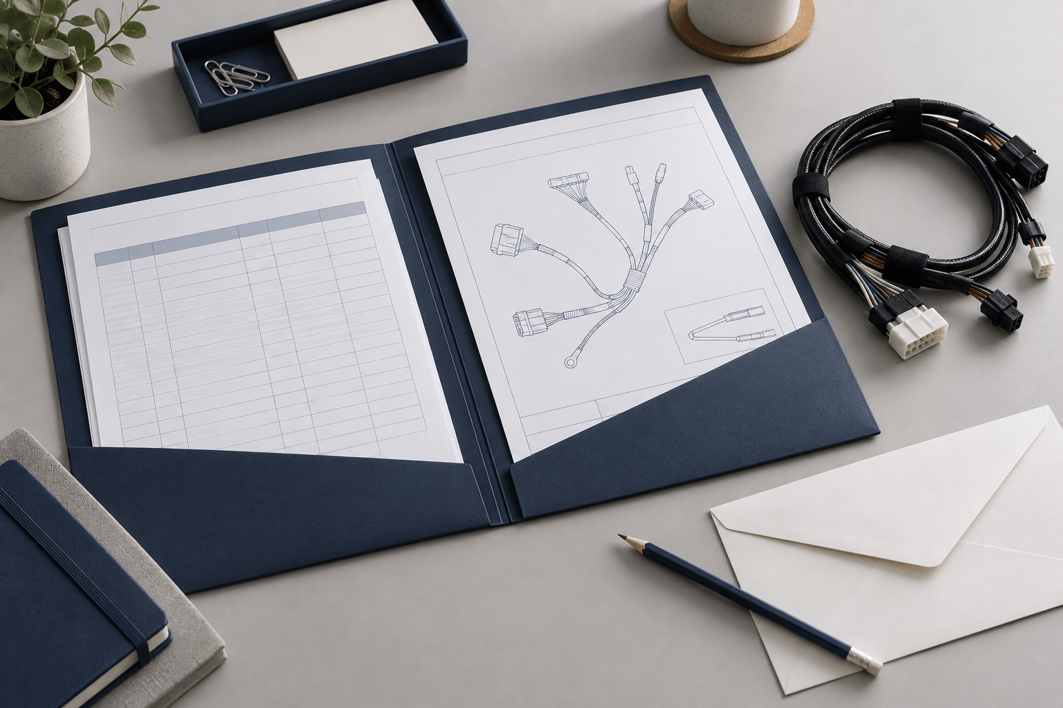 AI illustration of a wire harness sample with a project folder and quotation documents