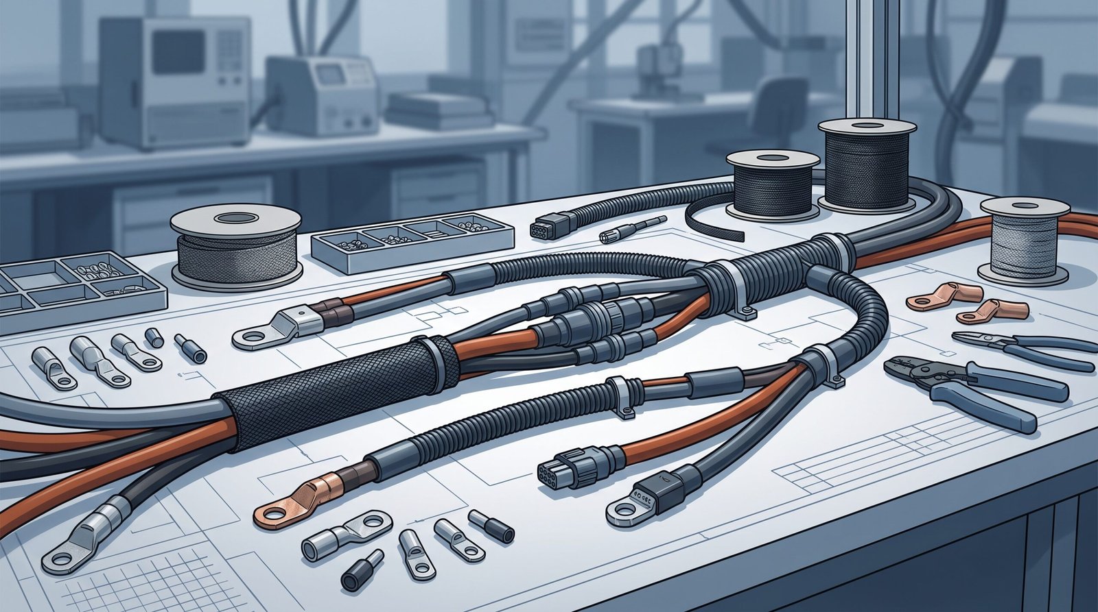 Technical illustration of custom battery cable assemblies with terminals, sleeving and project drawings