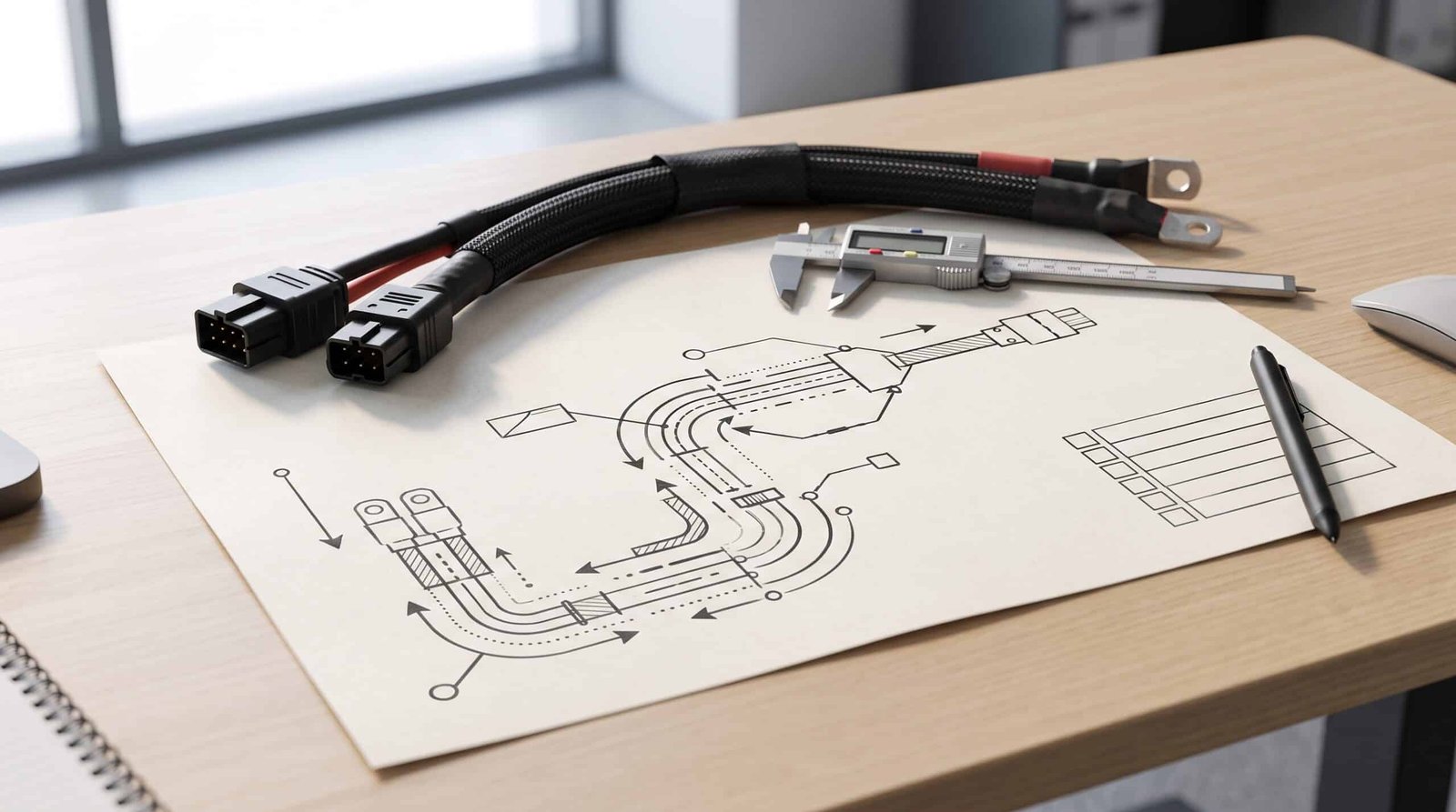 Battery cable assembly drawing review with cable routing, connection ends and inspection tools