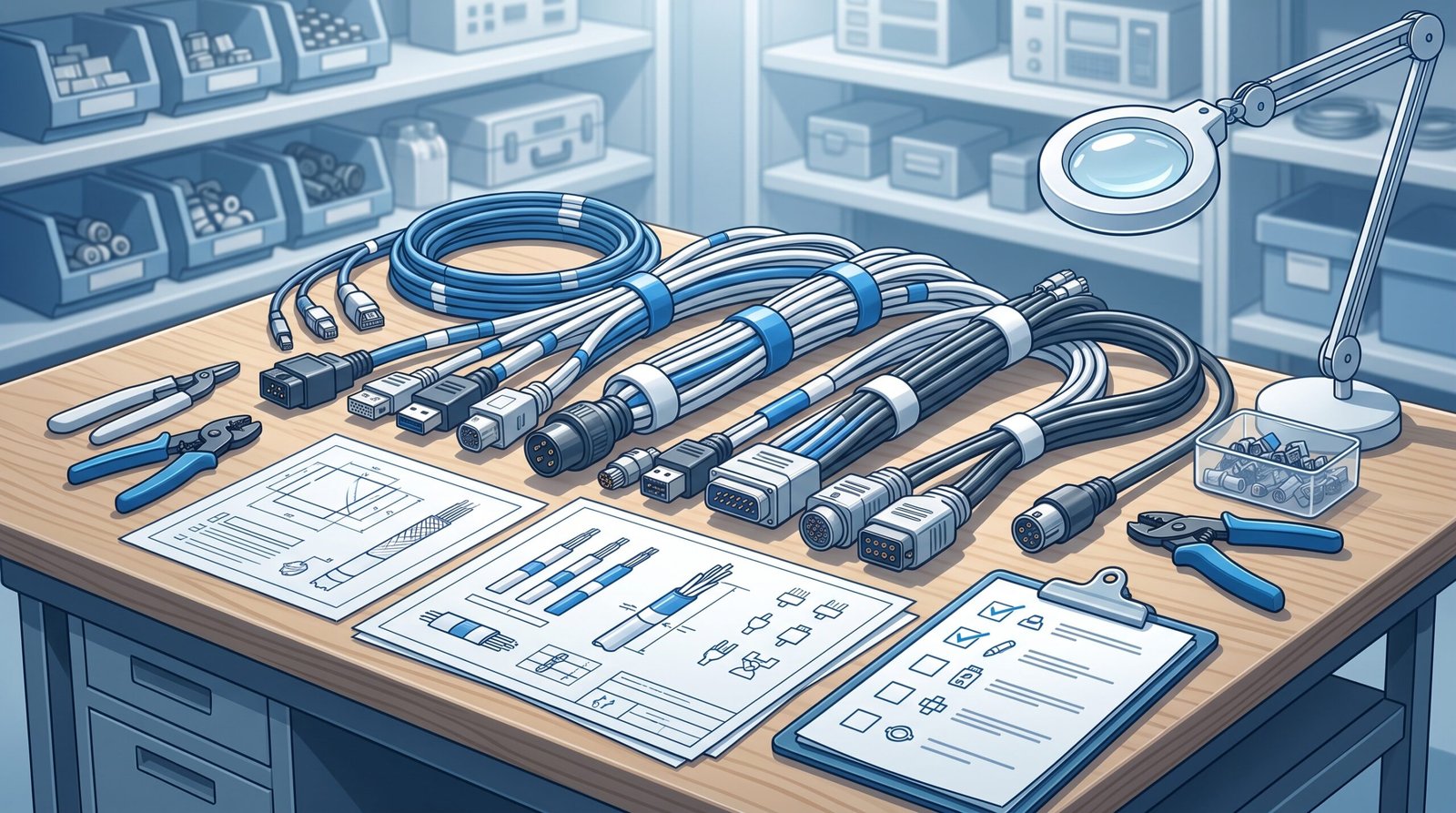 Illustration of custom electrical cable assemblies arranged with drawings and project review tools