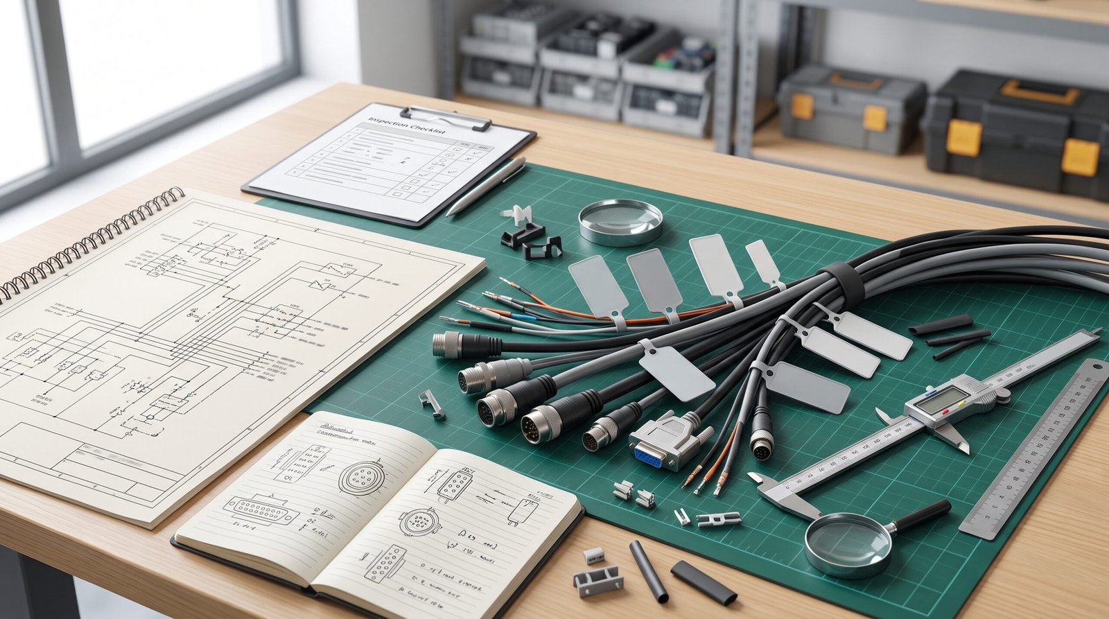 Illustration of cable assembly drawings, labels and inspection checklist for OEM project review