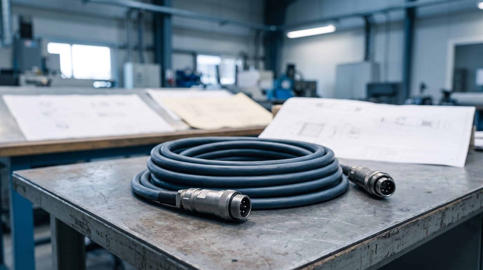 AI-generated illustration of a connector-to-connector industrial cable assembly