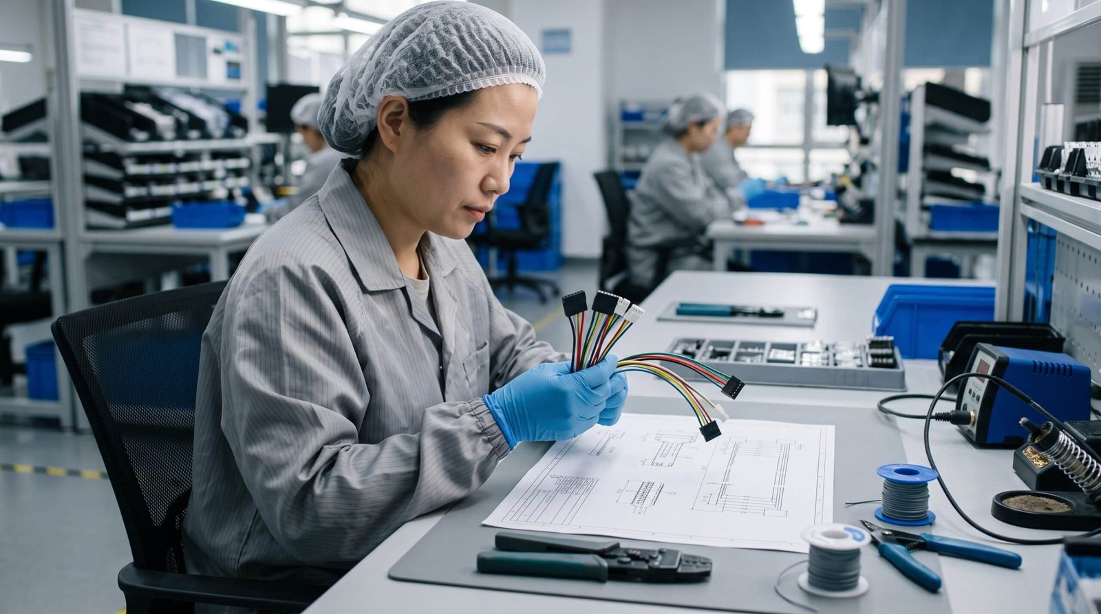 Chinese cable assembly technician reviewing custom jumper wire assemblies for OEM electronics