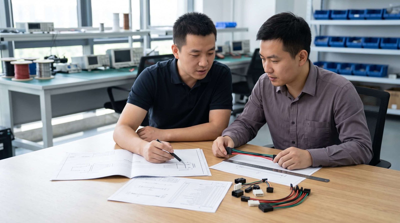 Chinese engineers reviewing jumper wire assembly drawings and connector requirements