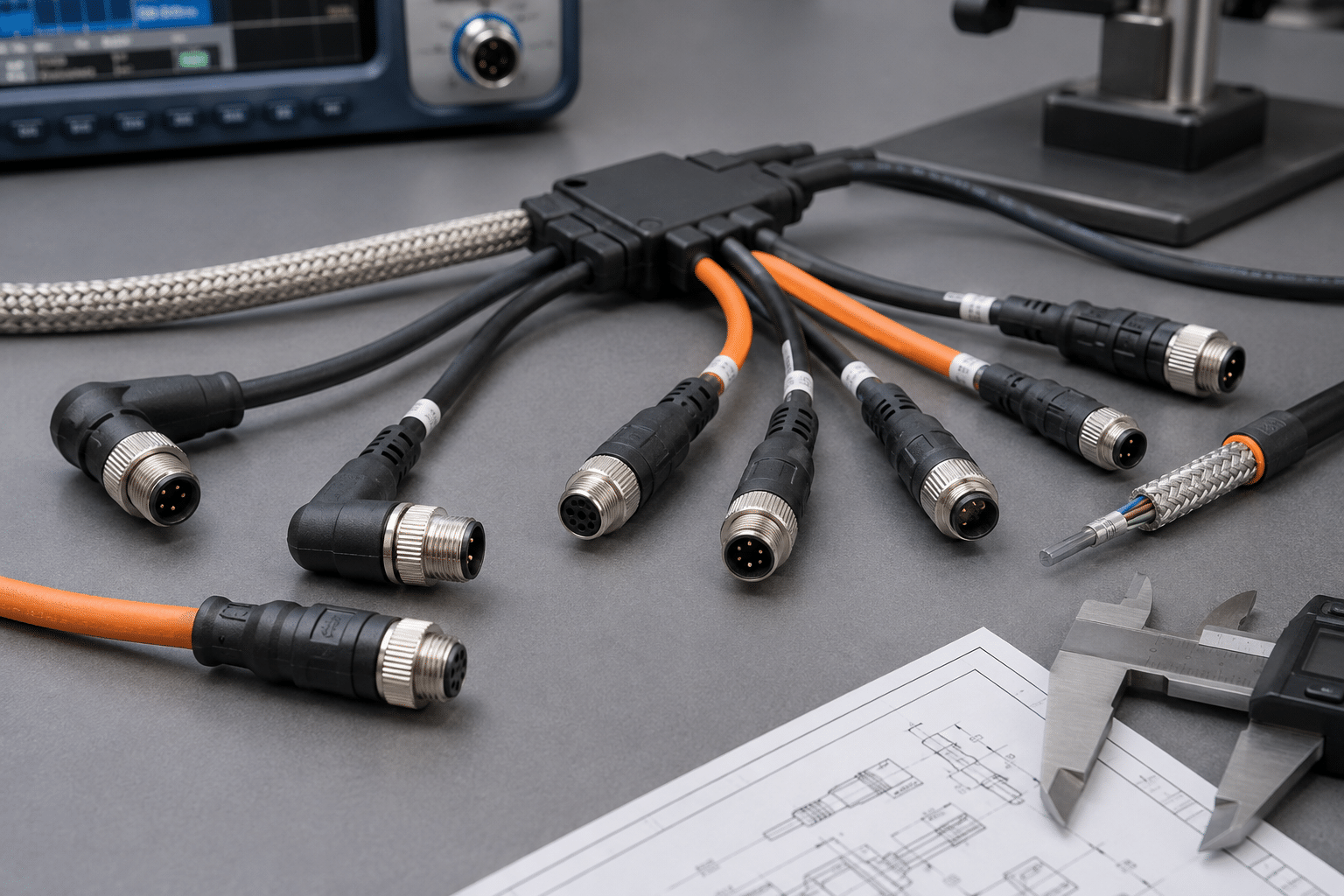Custom industrial sensor cable assemblies with M8 and M12 style connectors prepared for engineering review