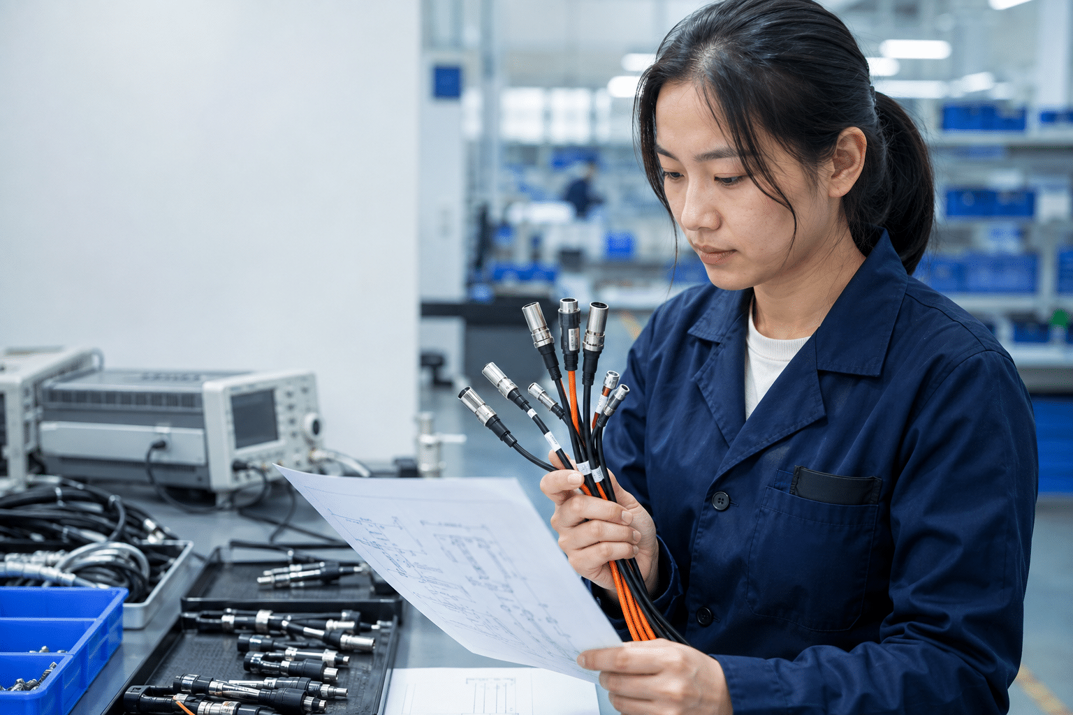 Chinese engineer reviewing custom sensor cable assemblies and an OEM wiring drawing