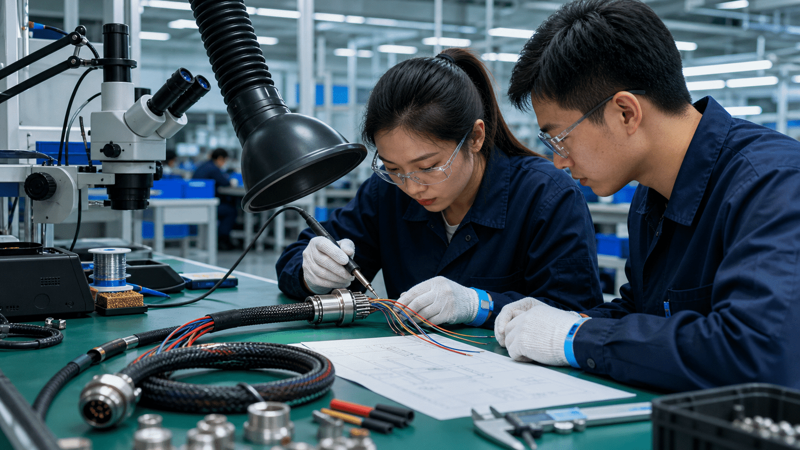 Chinese technician and quality engineer inspecting soldered cable connections with braided protection