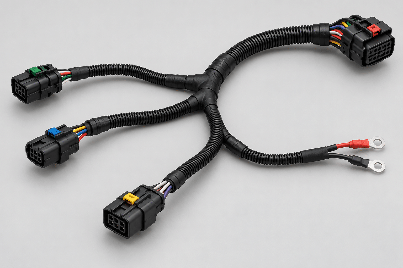 AI-generated illustration of a branched truck wiring harness with protective sleeving and connectors