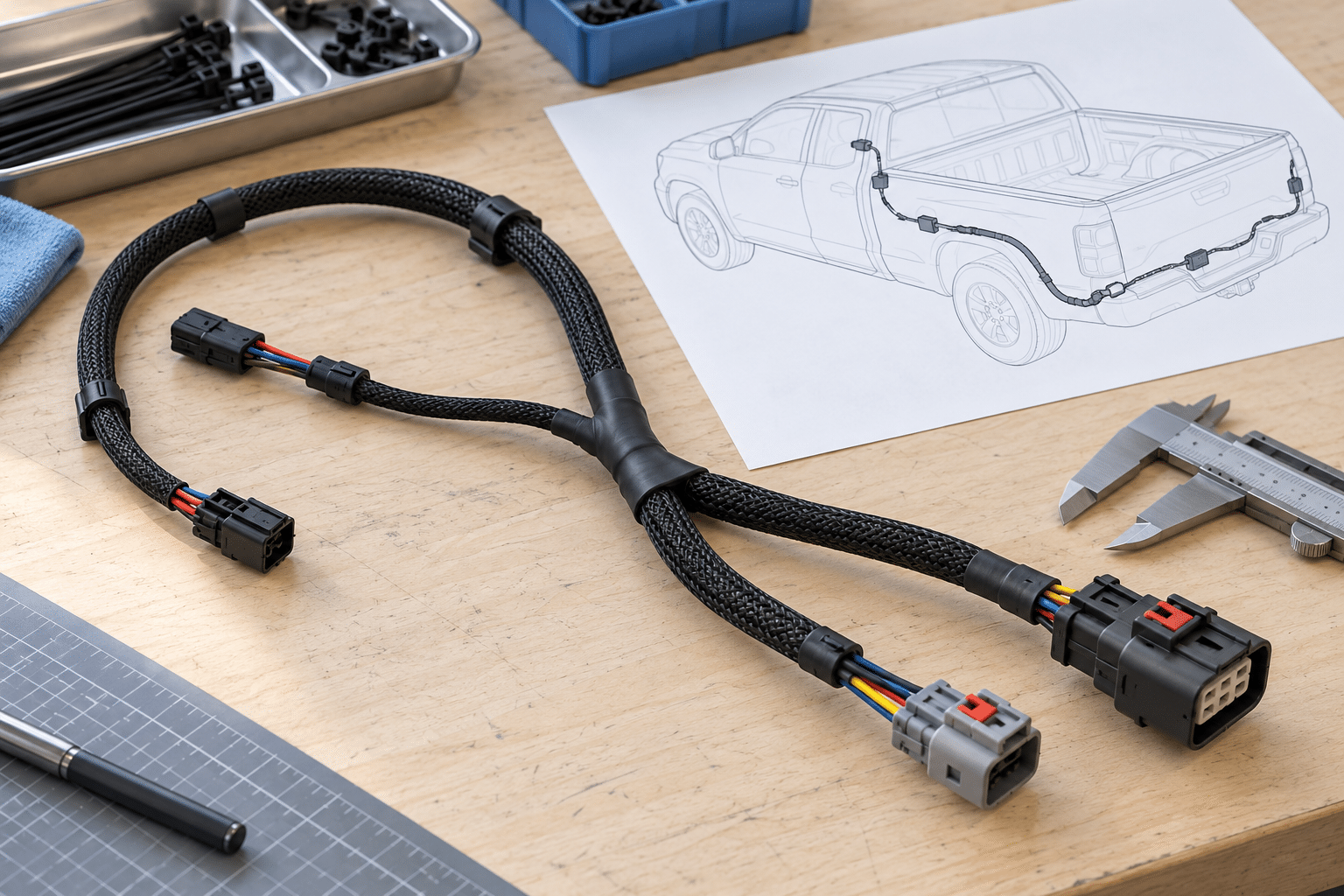 AI-generated illustration of reviewing truck harness branch routing and connector layout on a workbench