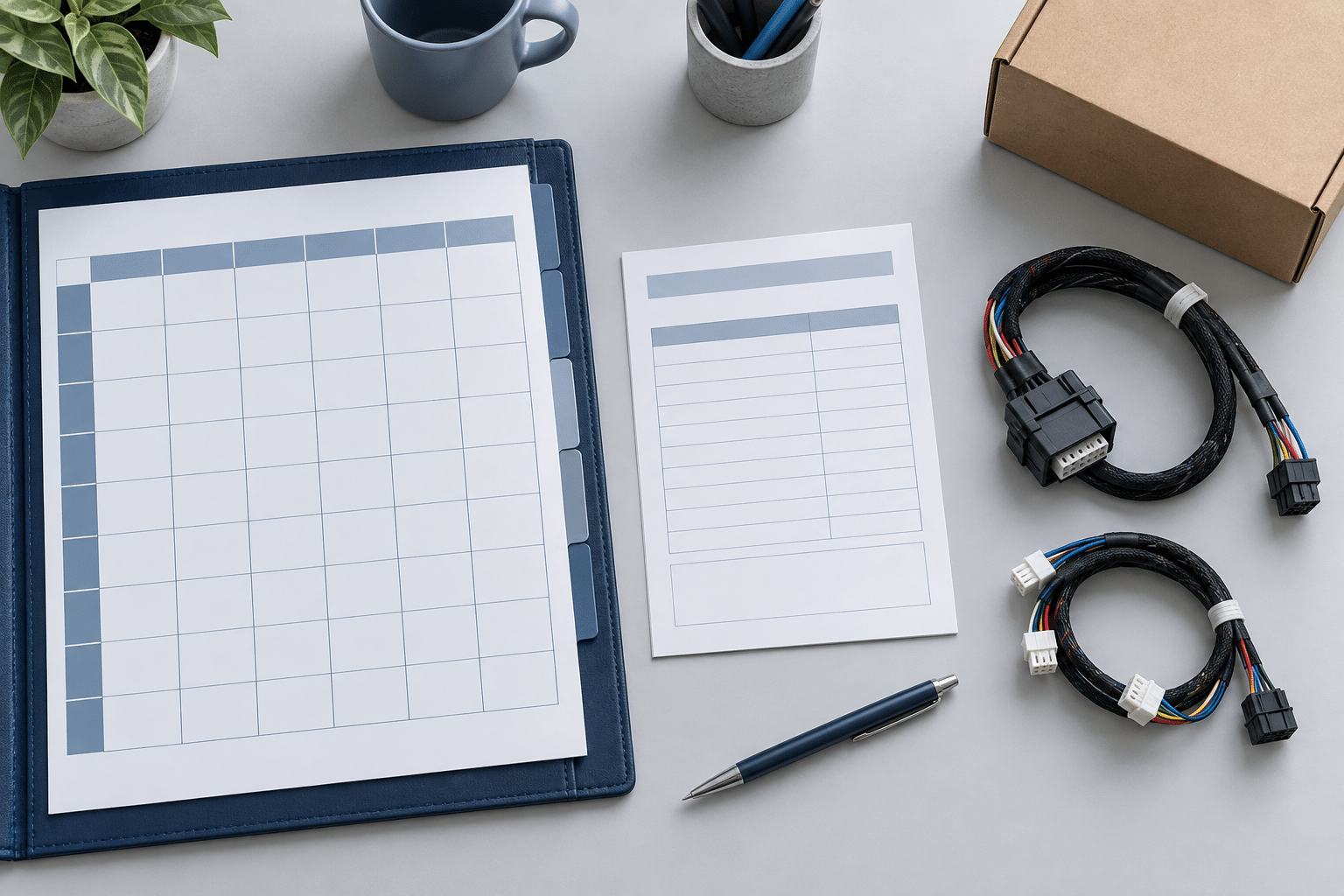 AI illustration of an annual planning folder and a separate wire harness quotation sheet
