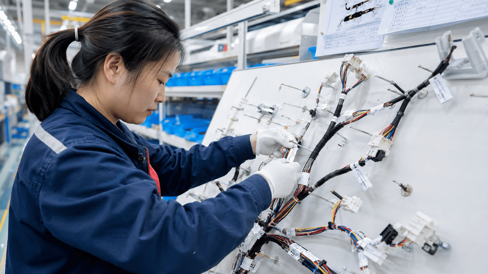 Chinese technician applying identification labels to a wire harness assembly