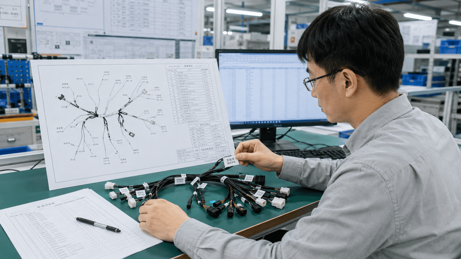 Chinese wire harness engineer checking identification labels against an approved OEM drawing
