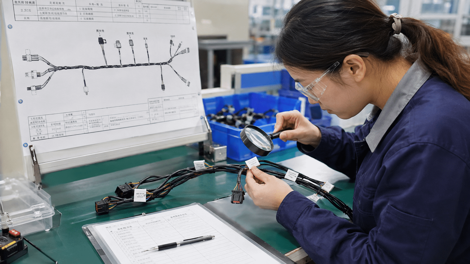 Chinese quality inspector verifying wire harness label content and placement