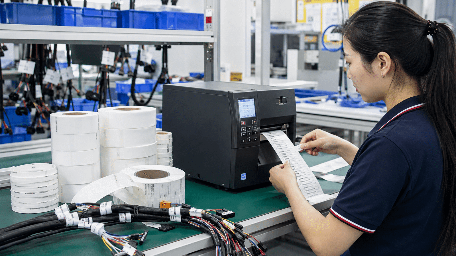 Chinese operator printing identification labels for wire harness production