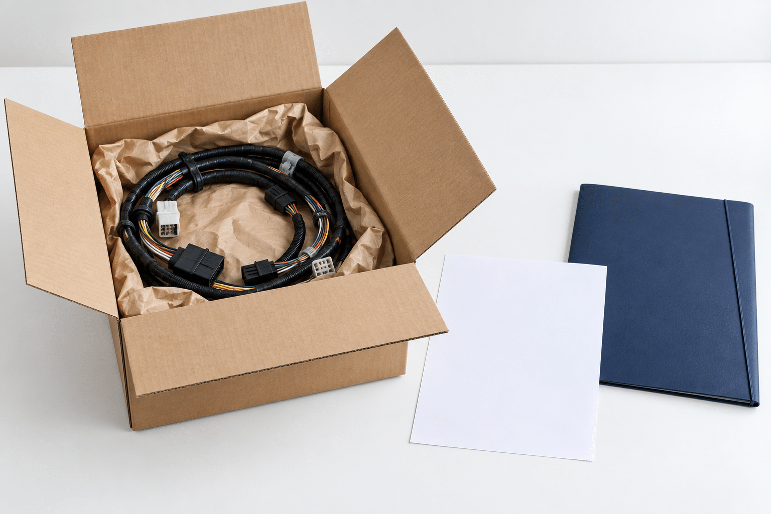 AI illustration of a packed wire harness beside shipment documents