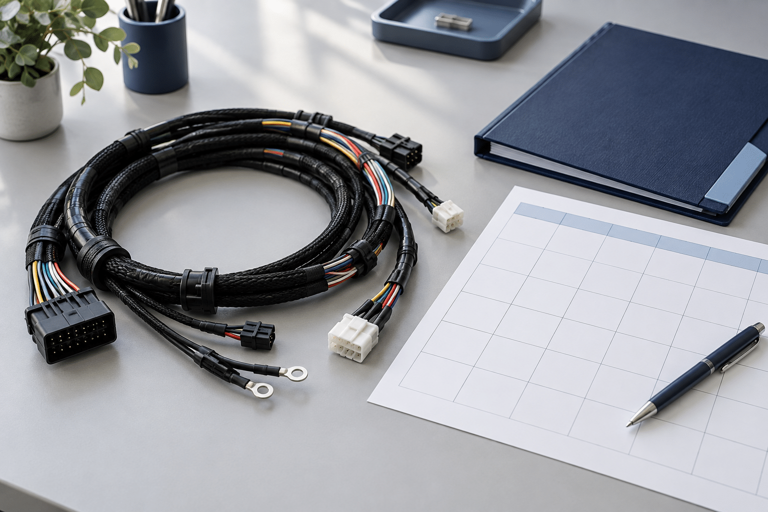 AI illustration of a wire harness beside a blank project planning sheet