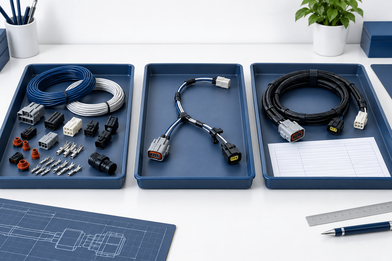 AI illustration of components and harness assemblies arranged for project-stage planning