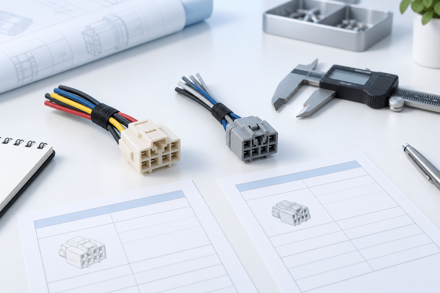 AI illustration of two unbranded connector samples beside component comparison sheets