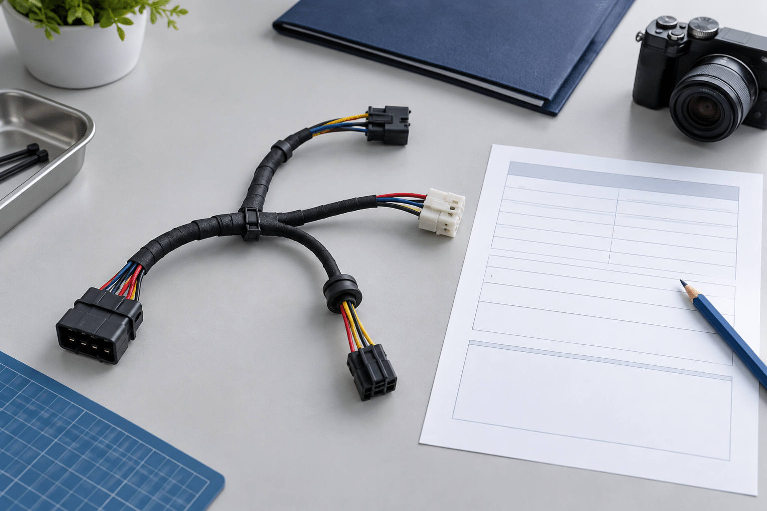 AI illustration of a harness prototype beside a feedback form and camera