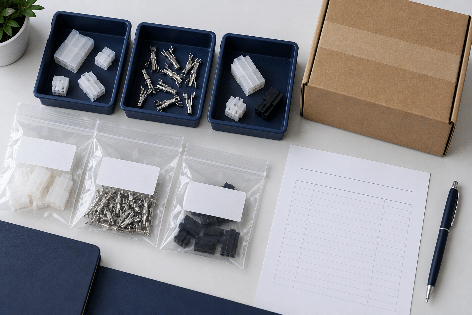 AI illustration of connector components, blank labels and a handoff packing list