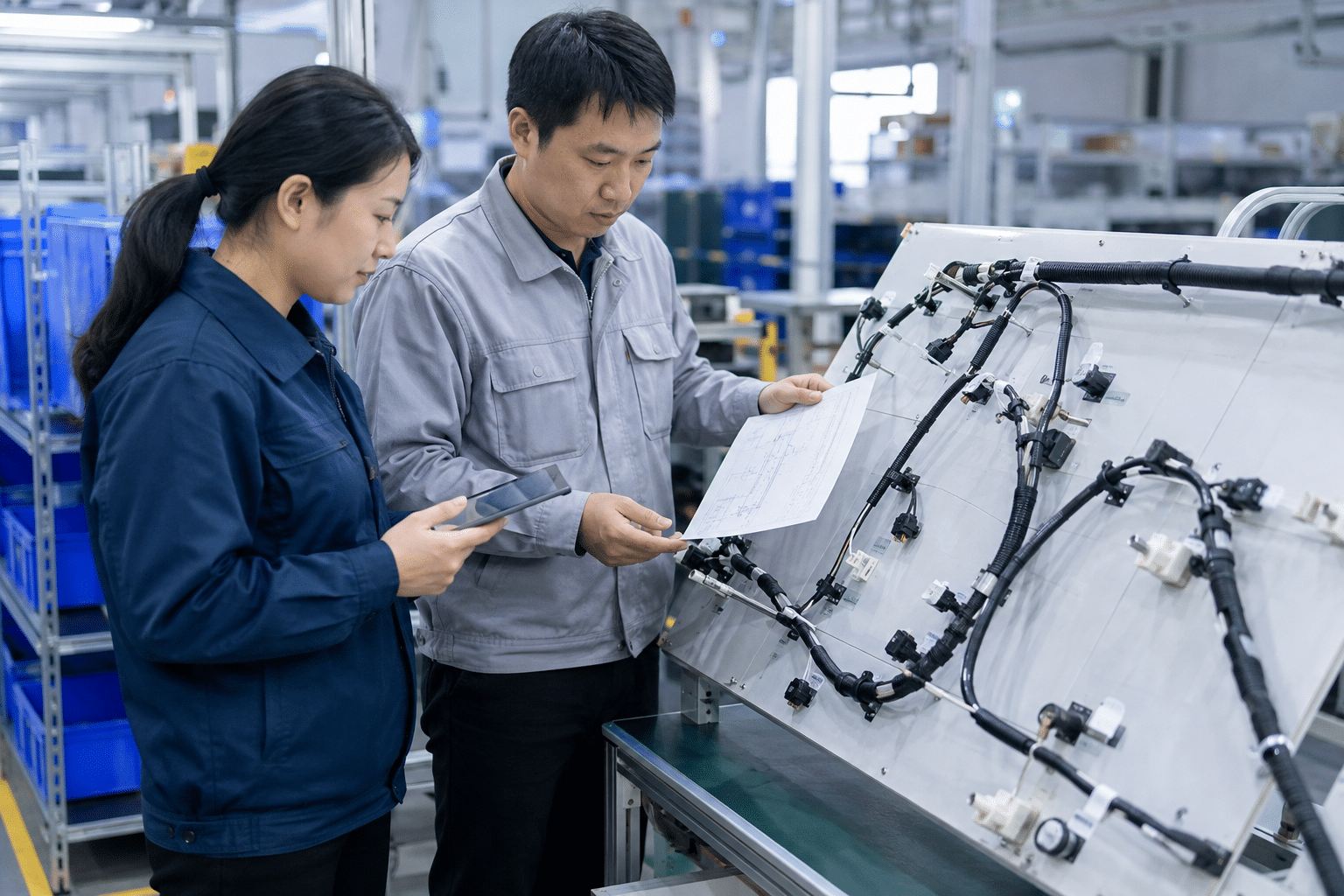 Chinese production and quality team verifying a wire harness revision change on a fixture board