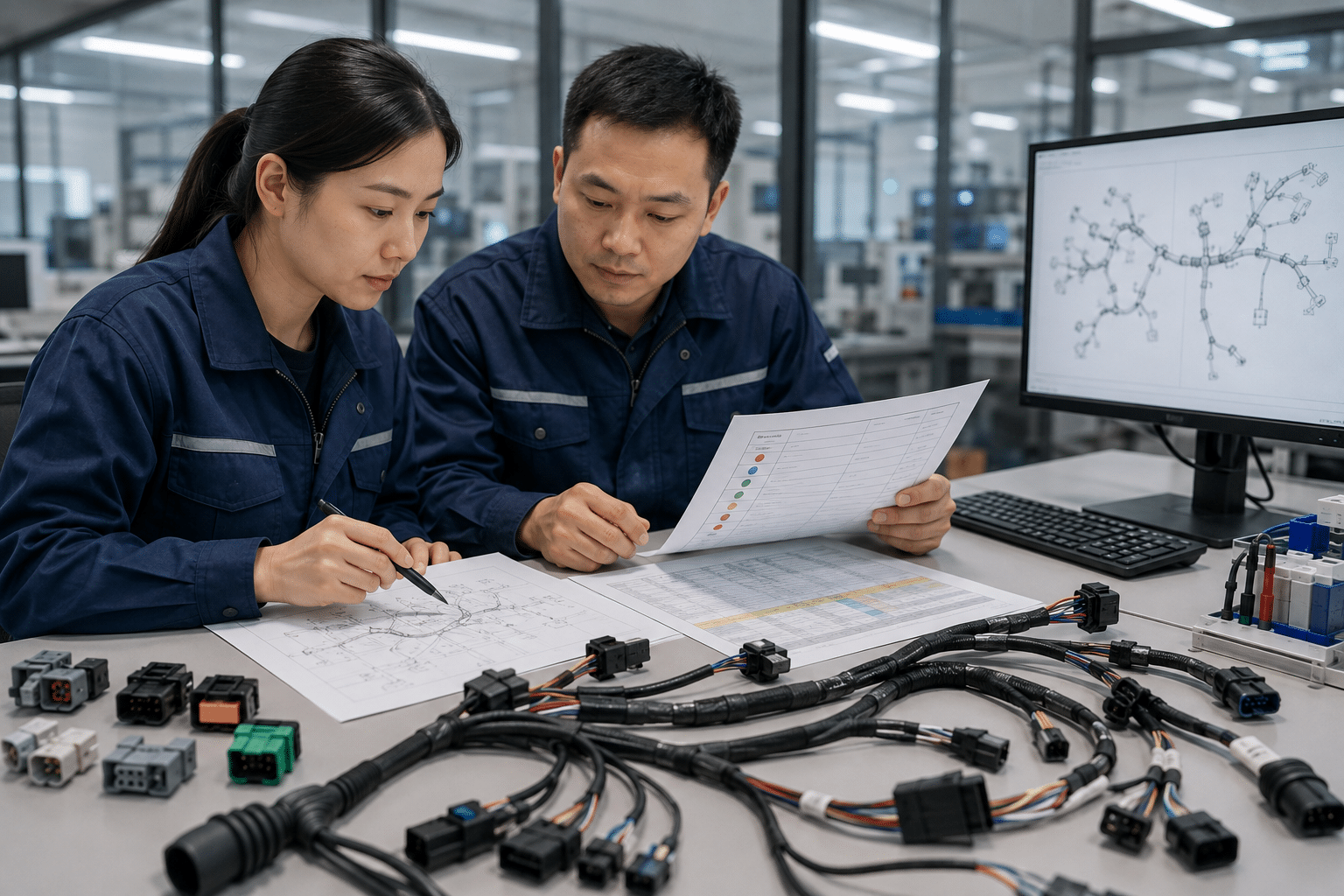 Chinese engineers reviewing wire harness drawing BOM and revision control records