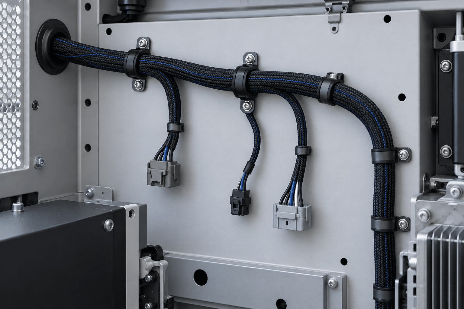 Illustration of wire harness routing with secured branches, connectors and a protected panel pass-through