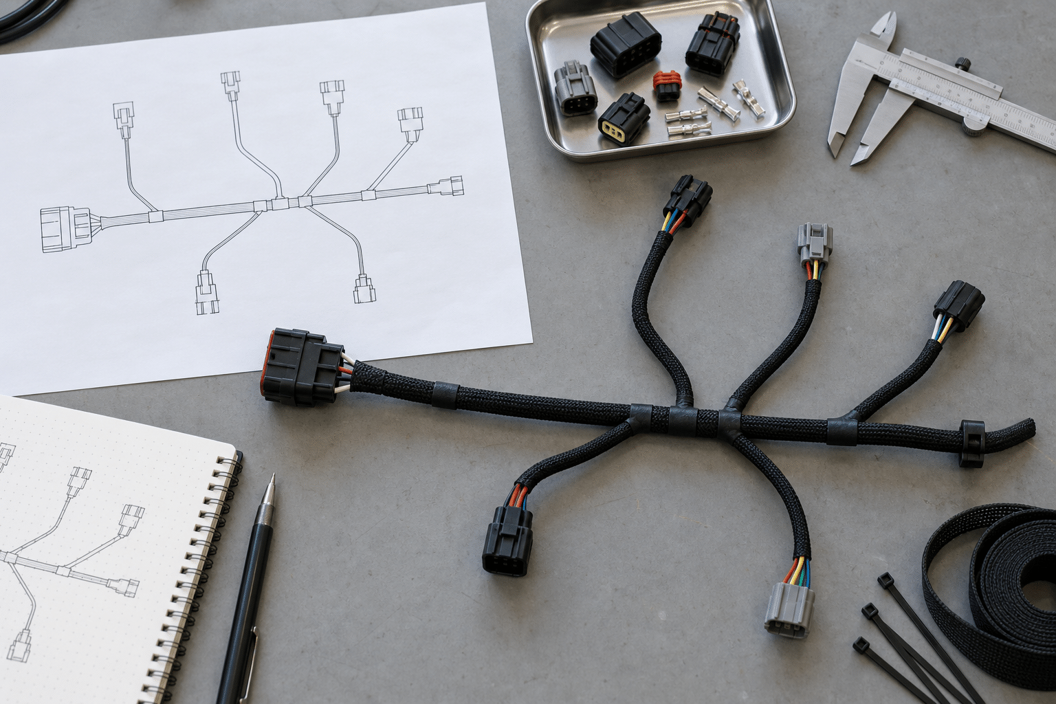 Illustration of a branching wire harness sample beside a routing drawing for project review