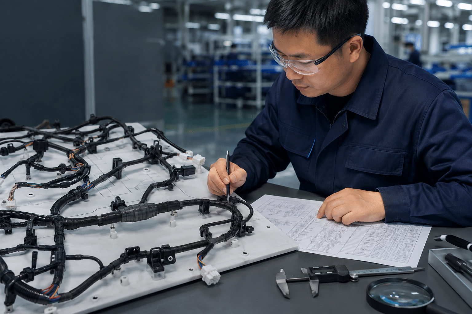Chinese wire harness engineer reviewing splice documentation and harness routing