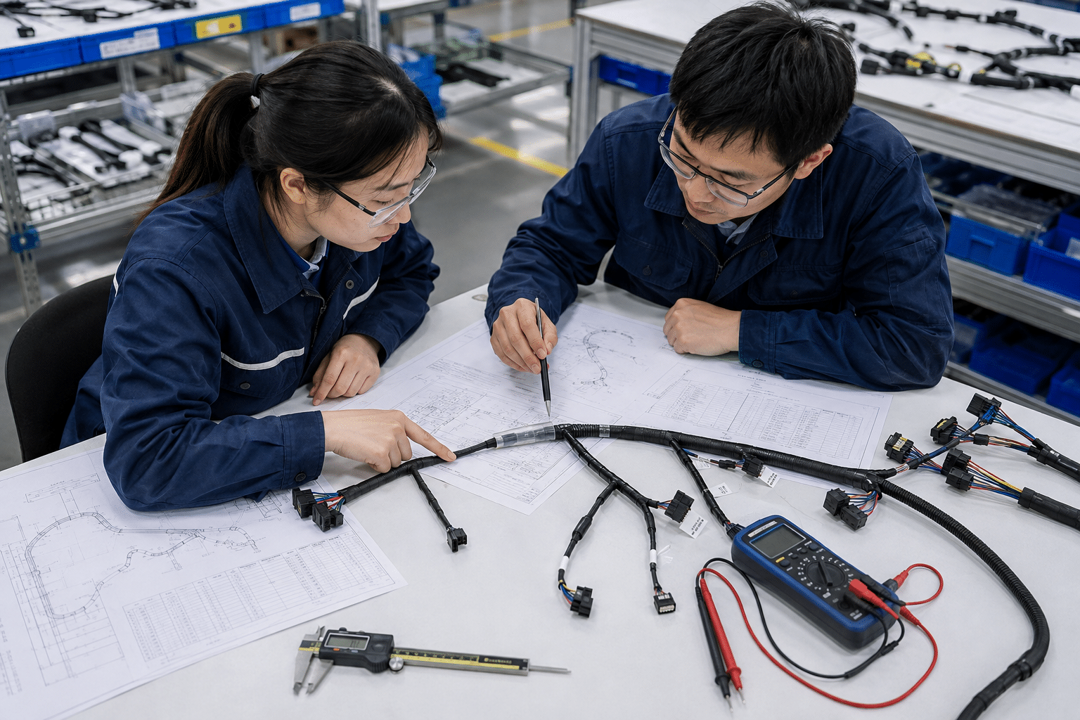 Chinese engineers cross-checking wire harness splice references with OEM drawings and BOM