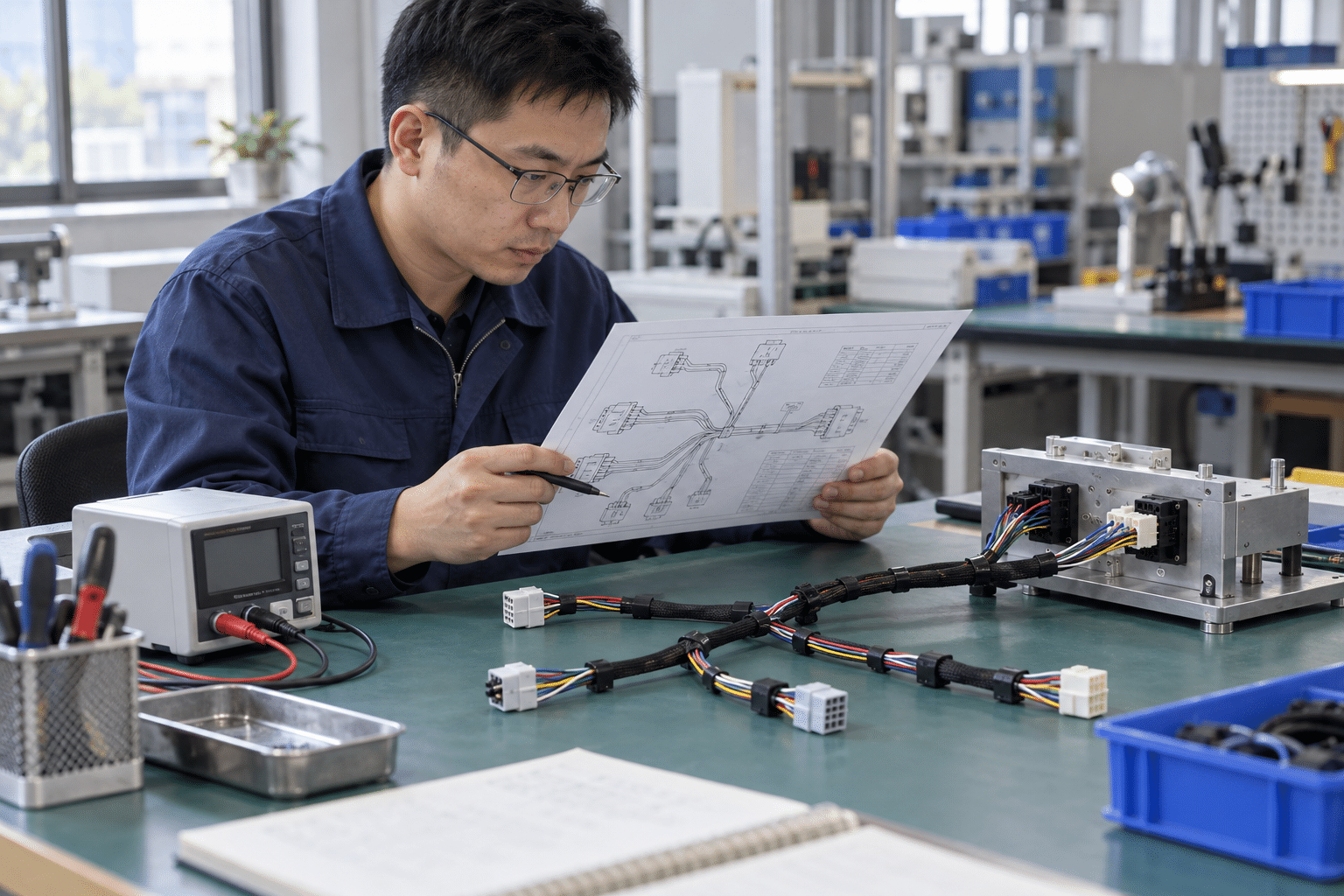 Illustration of a quality engineer reviewing a wire harness test specification beside a test fixture