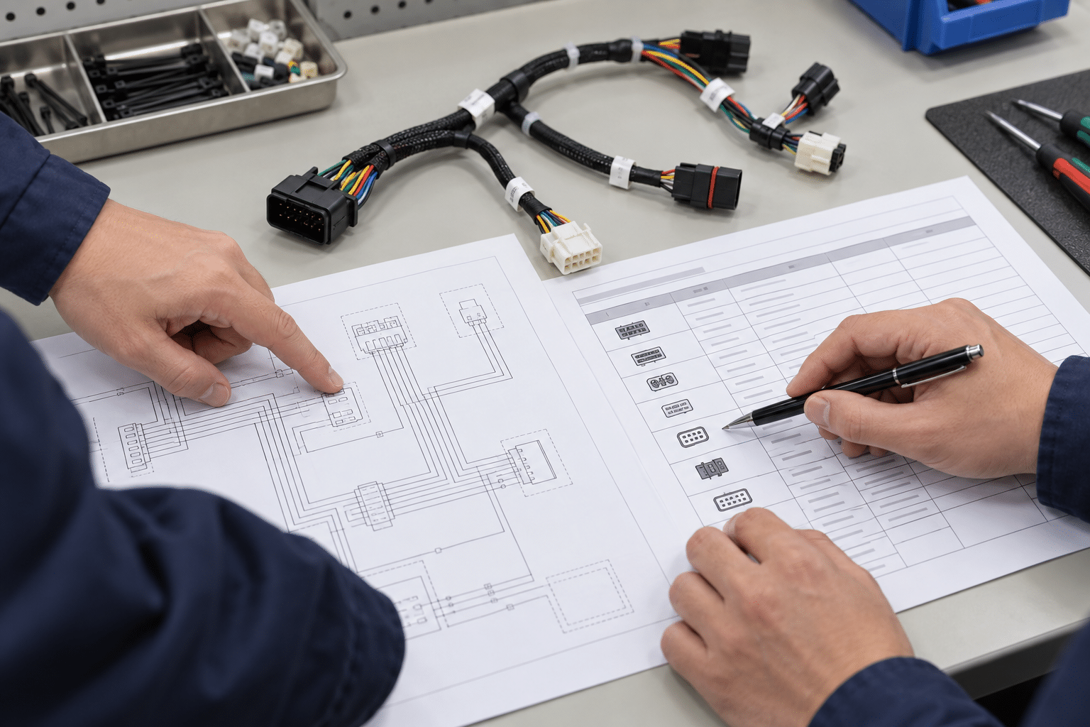 Illustration of engineers comparing a harness connection drawing and inspection record