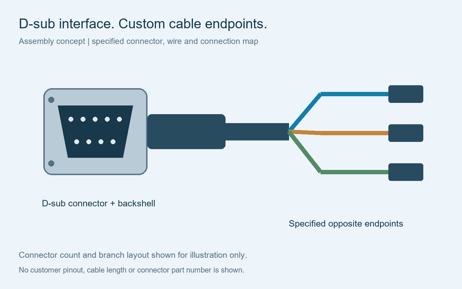Generic D-sub connector and backshell cable assembly with custom opposite endpoints and branches