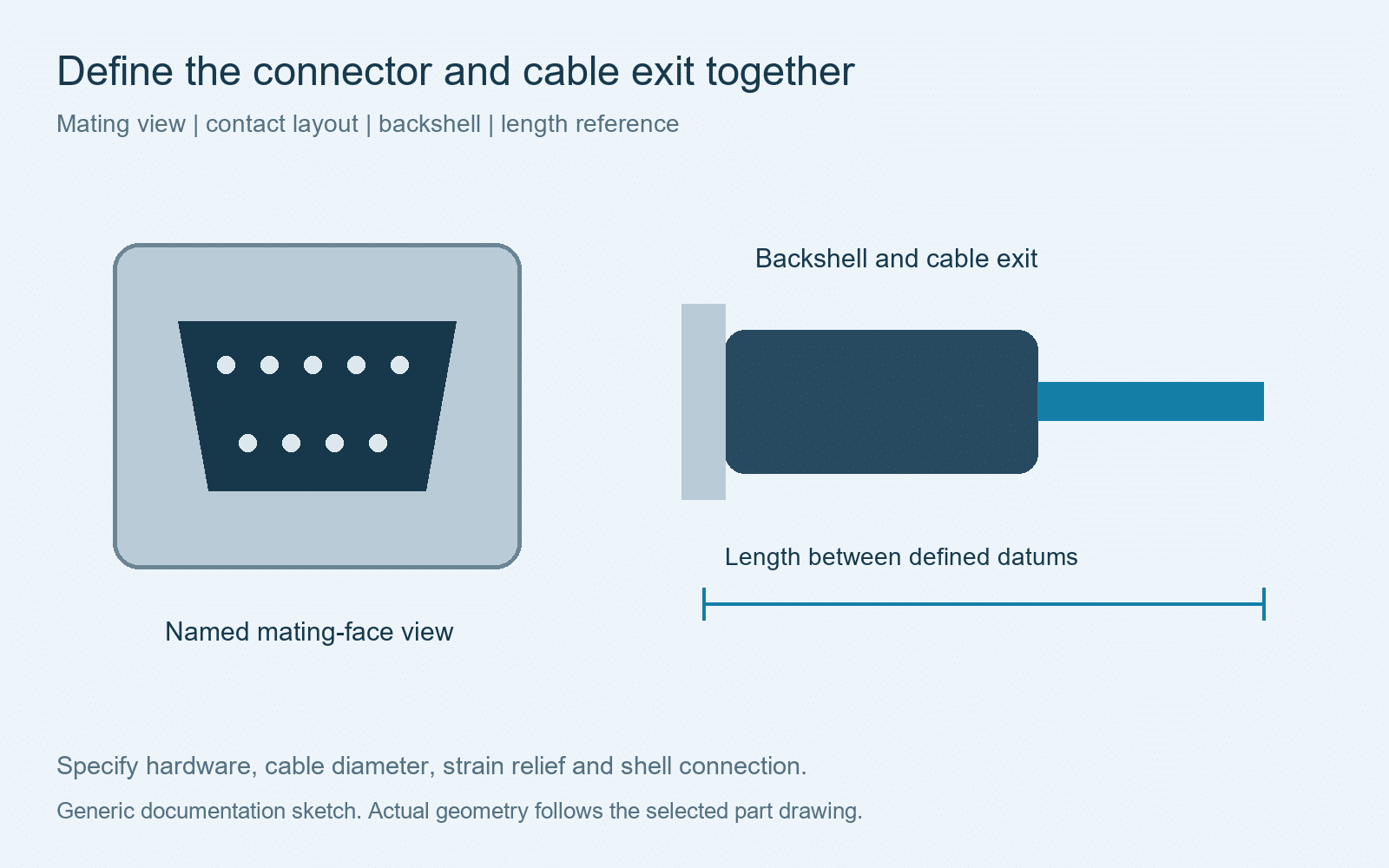 Generic D-sub documentation diagram showing mating face, backshell, cable exit and length reference datums