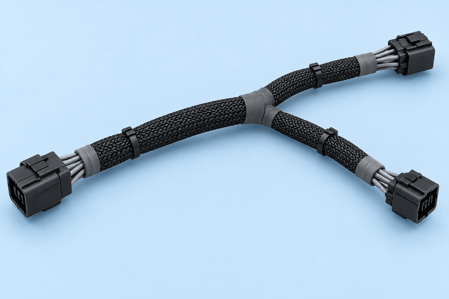 Generic multi-branch wire harness with braided sleeving, sleeve-end cuffs and cable ties