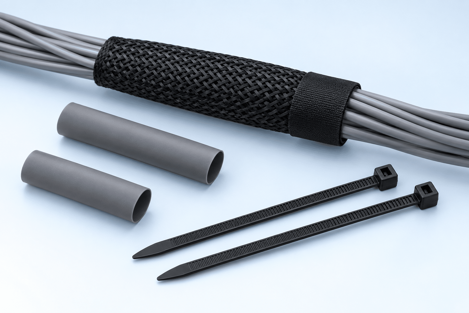 Illustrative braided sleeve, heat-shrink tubing pieces and cable ties for harness bundling review