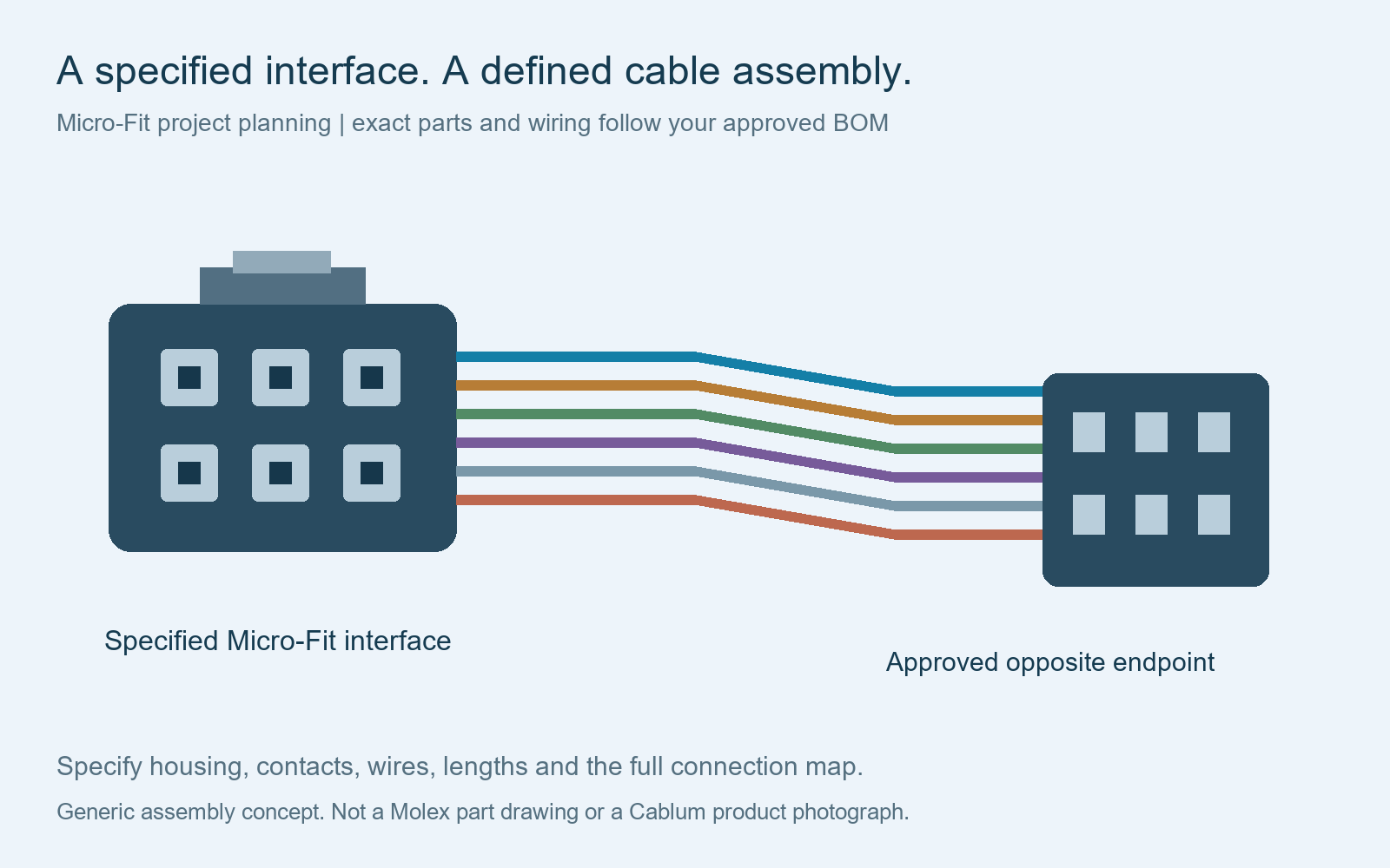 Generic concept of a specified Micro-Fit connector interface and custom cable assembly