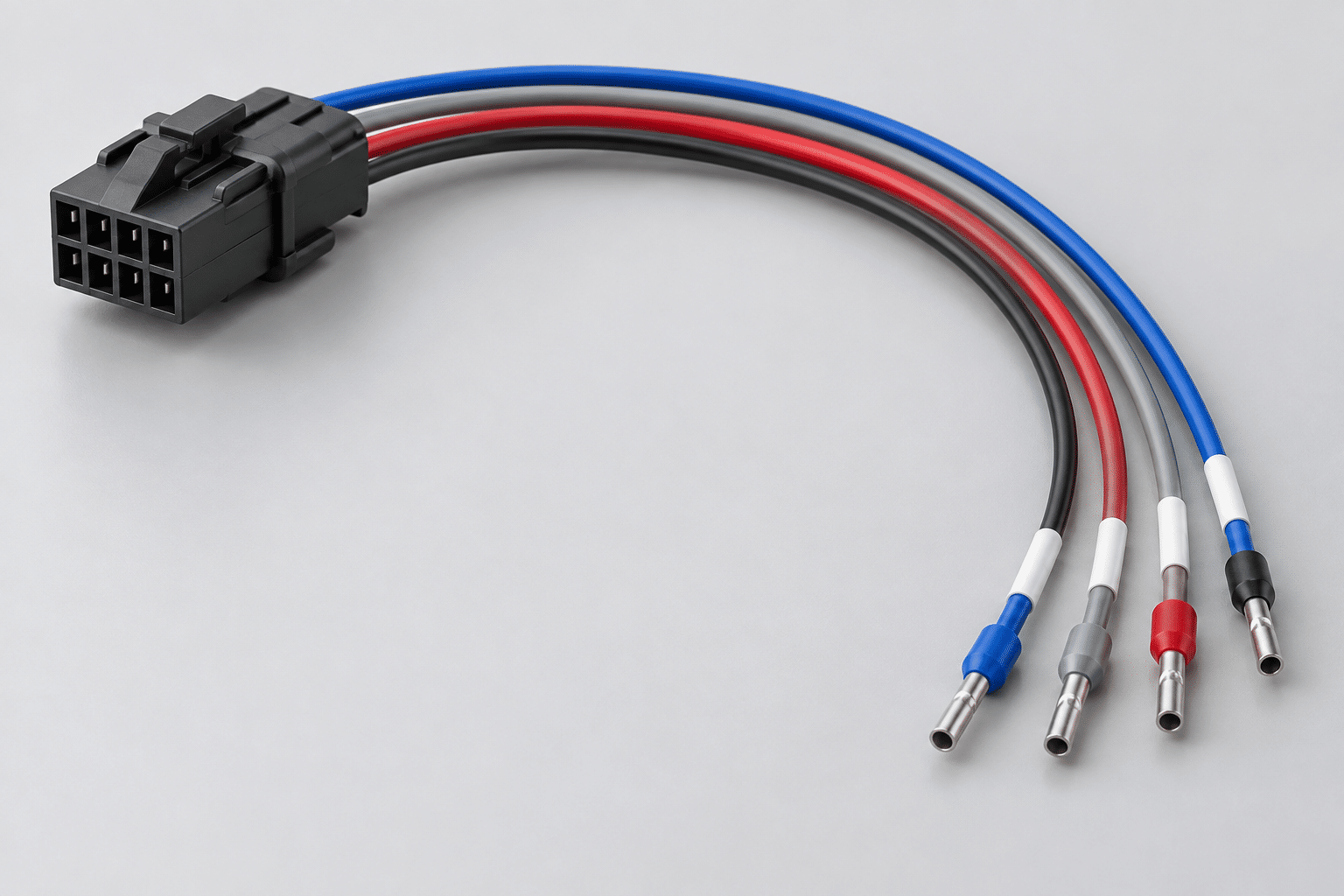 AI illustration of a generic connector pigtail harness with individually sleeved wires and ferrule ends