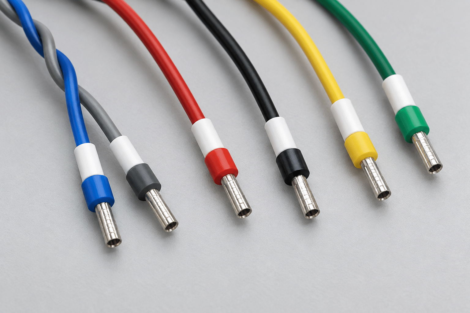 AI illustration of wire ferrules, blank identification sleeves and a twisted wire pair
