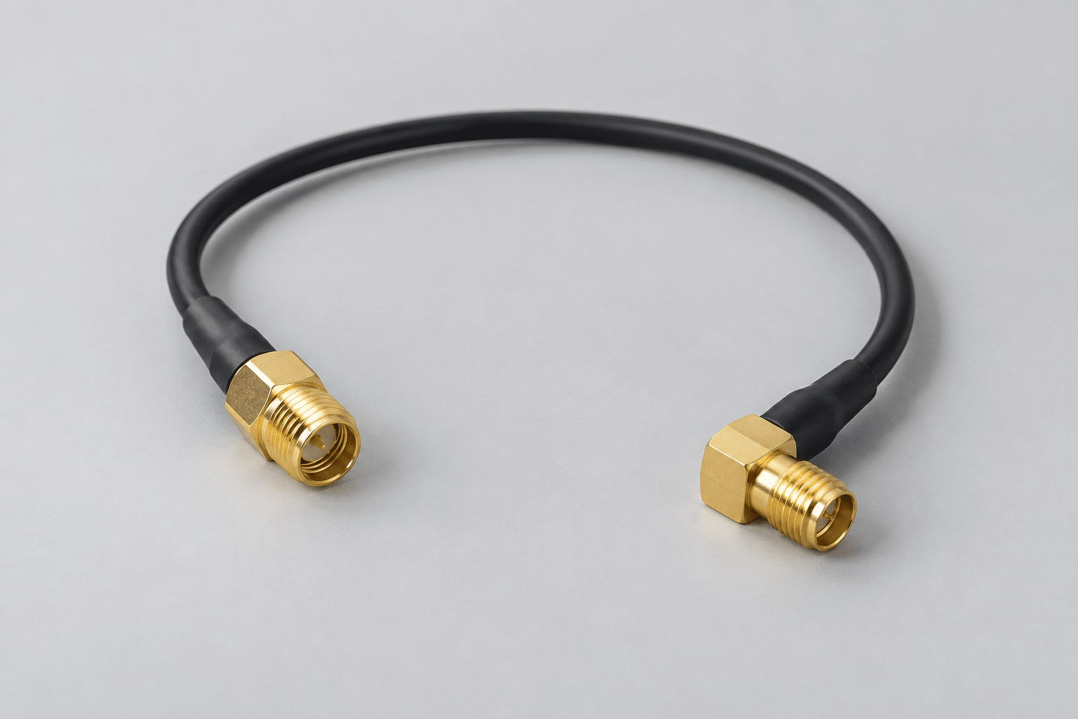 AI illustration of a coaxial cable assembly with two threaded RF connectors